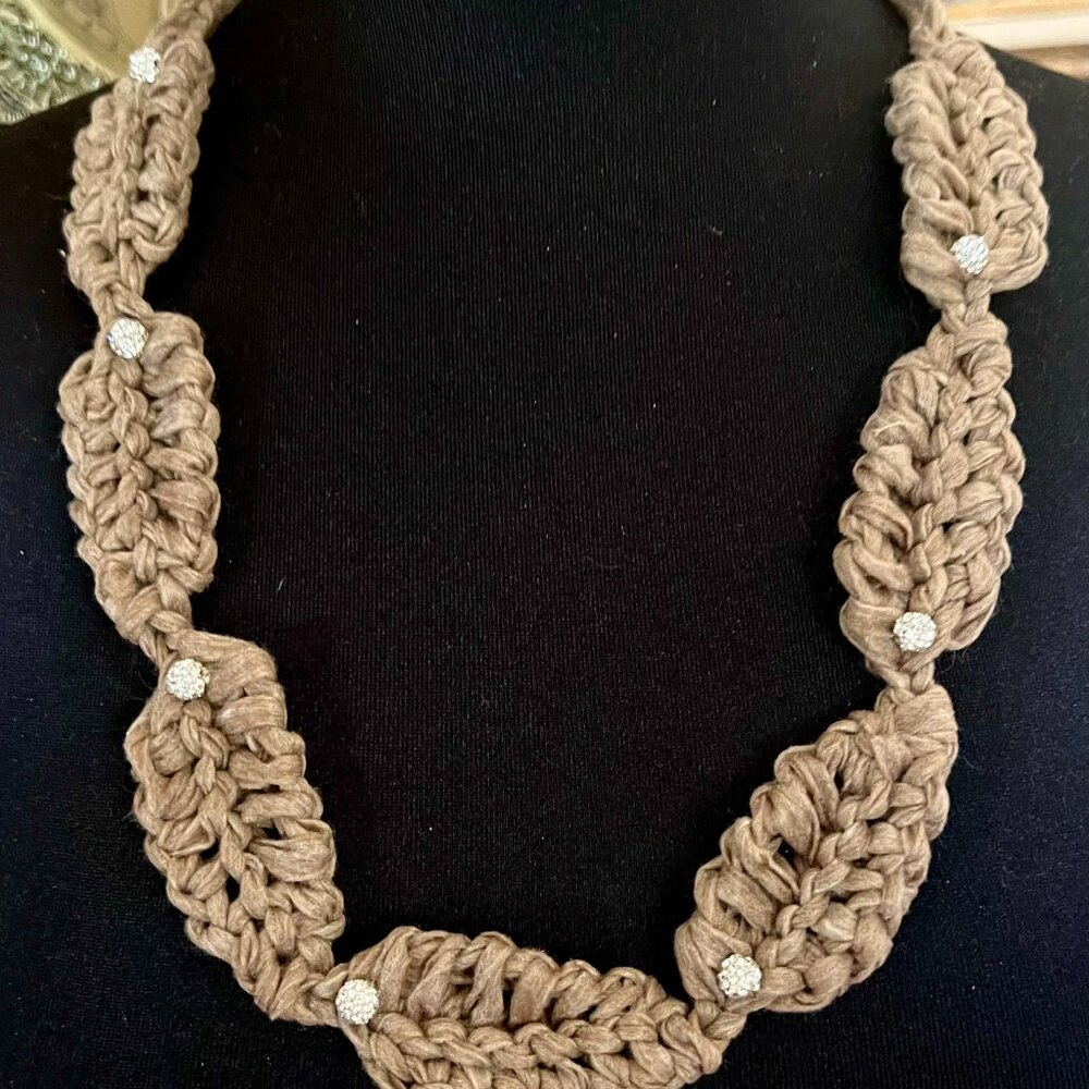 TROPICAL LEAF NECKLACE Handmade~Crocheted with Ribbon Yarn and Rhinestones